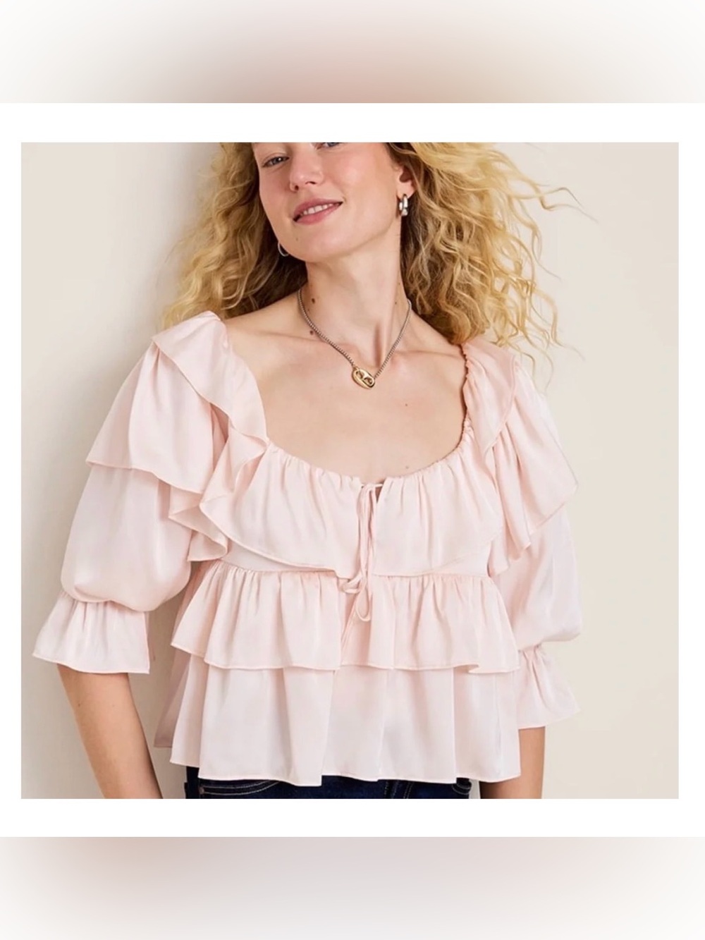 Francesca's Collections Light Blush Layered Ruffle Peasant Blouse